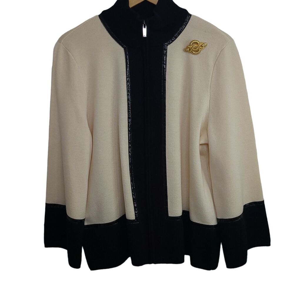 Dana Buchman Women's SZ XL Ivory &‎ Black 100% Merino Wool Zip Front Cardigan